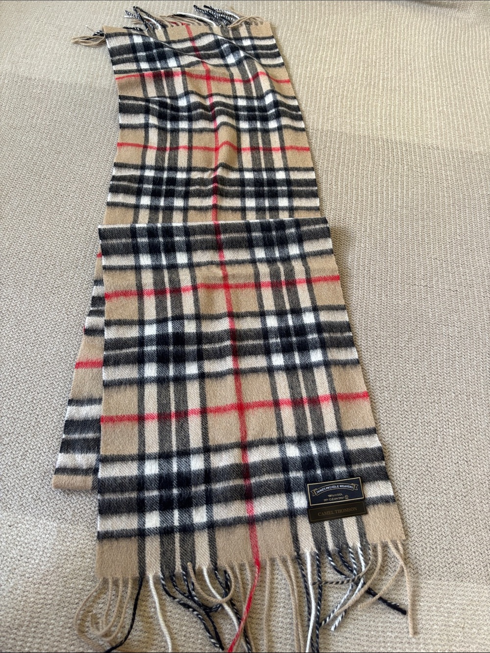 Wool Plaid Fringed Men's Scarf made in Scotland - Camel Thomson Tartan